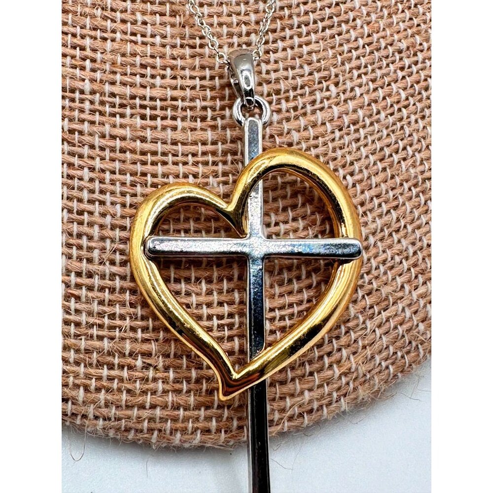 Abstract Heart Cross Two Tone Necklace Gold Plating 925 Italy Chain